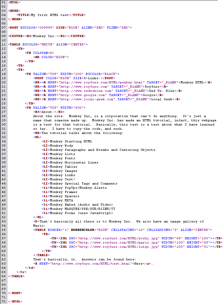 HTML code for test one.