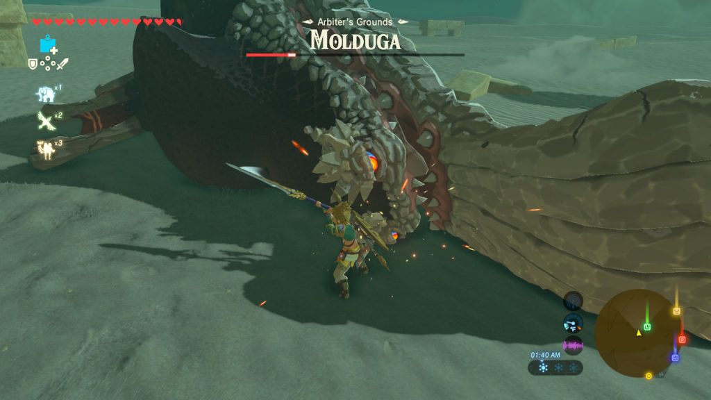 BotW Link fighting a Molduking