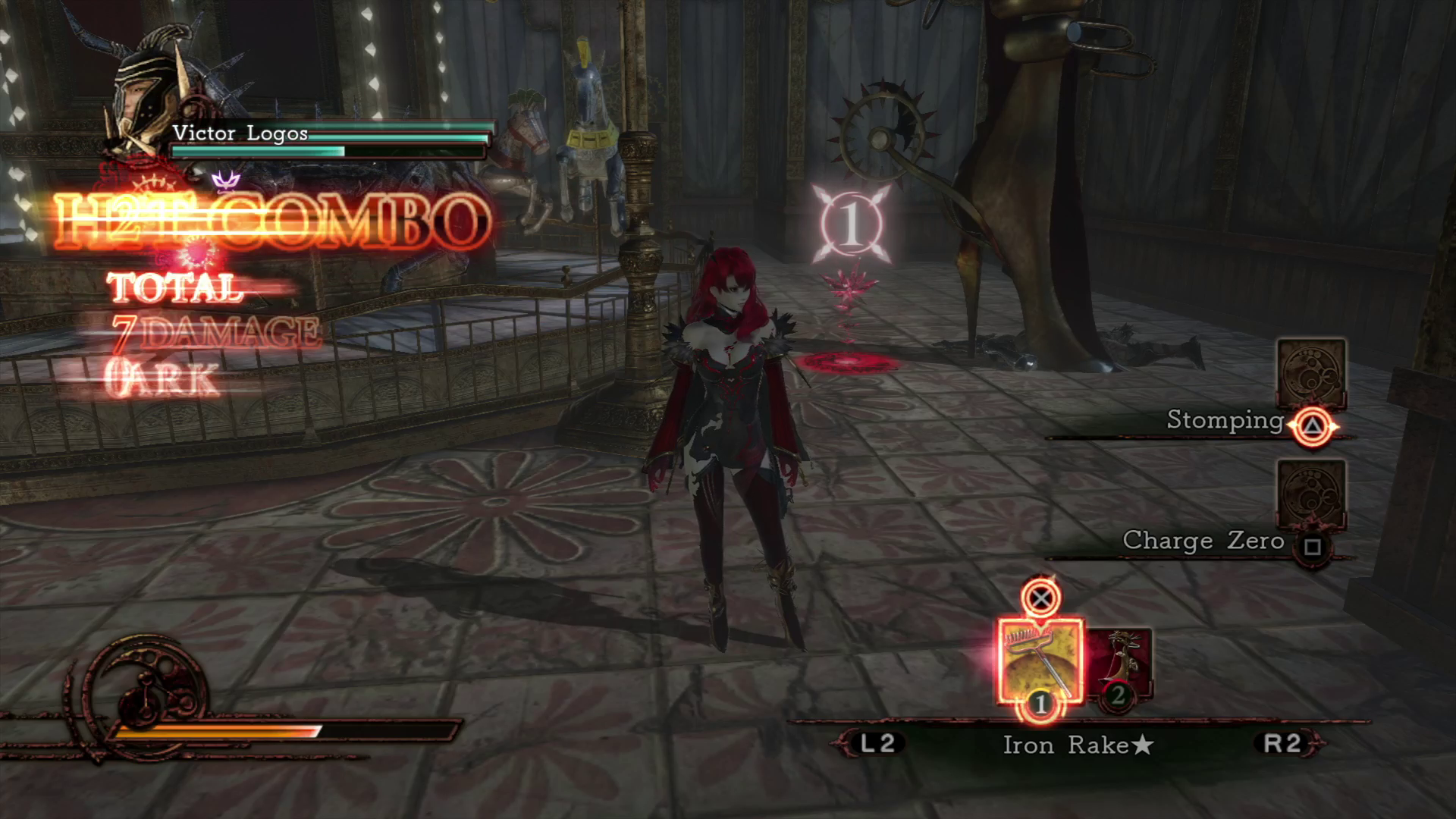 Deception IV - Velguirie posing while crushing an enemy under her giant heel.