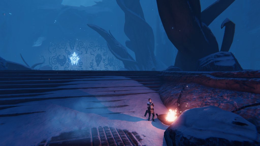 Praey for the Gods - Hero warming herself by a fire.