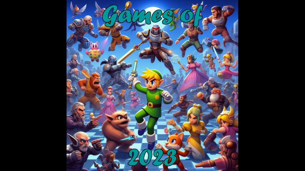 AI generated image of 50 video game characters fighting each other. It has the caption "Games of 2023" overlaid.
