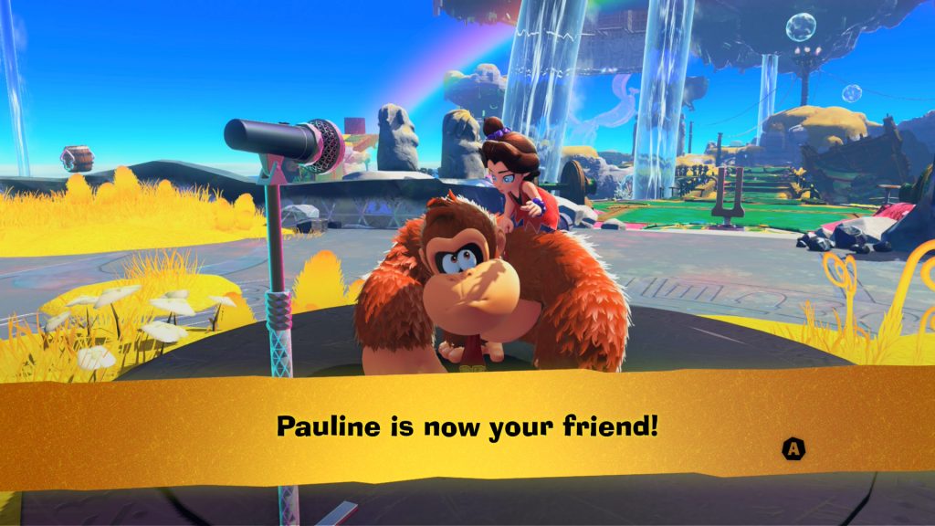 Donkey Kong and Pauline standing in front of a microphone. They are now friends.