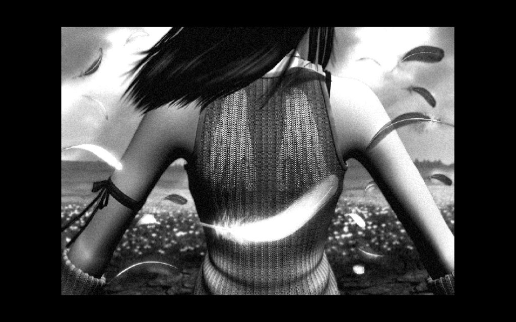 Final Fantasy VIII Screenshot - the back of Rinoa in black and white. She has angel wings on the back of her shirt, and feathers are falling around her.