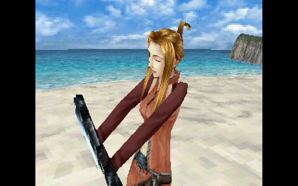 Final Fantasy VIII Screenshot - Victory animation of Quistis holding her whip.