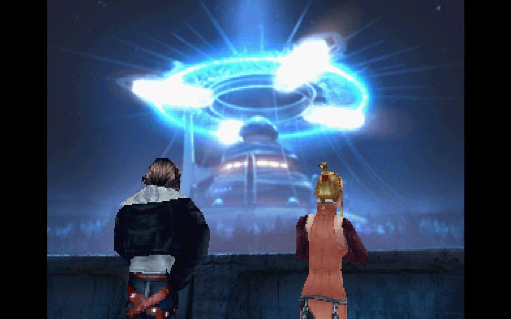 Final Fantasy VII screenshot - Squall and Quistis looking at Balamb garden at night