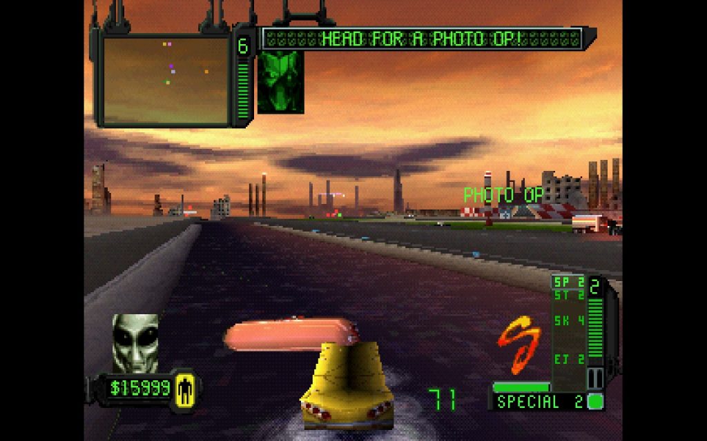 Rogue Trip screenshot. A hot dog car swinging the hot dog around while carrying an alien for a photo op.