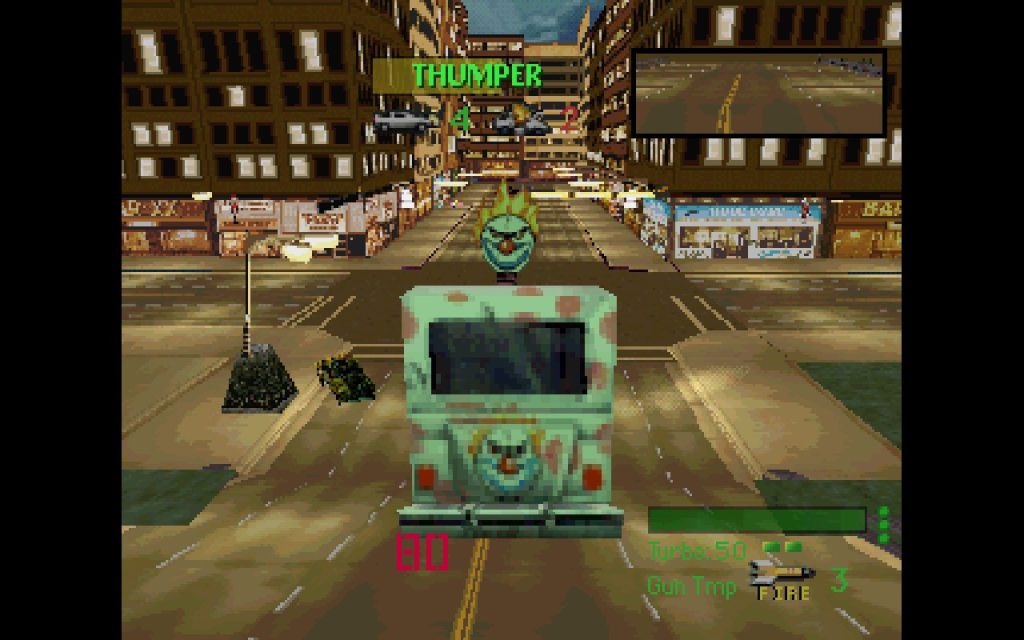 Twisted Metal Screenshot. Sweet Tooth's ice scream truck ramping down a street.