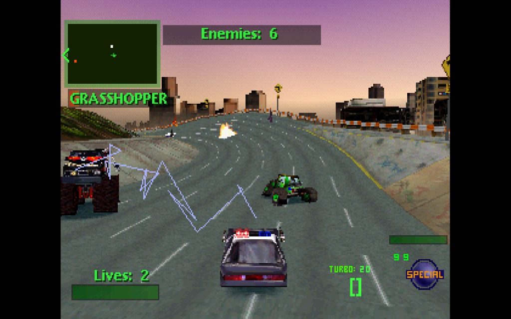 Twisted Metal 2 Screenshot. An intense battle on the highway of ruined LA. The police car, Outlaw, shocking the monster truck, Hammerhead, with a blue lightning bolt coming from Outlaw. Grasshopper, the dune buggy is driving in front of them. 