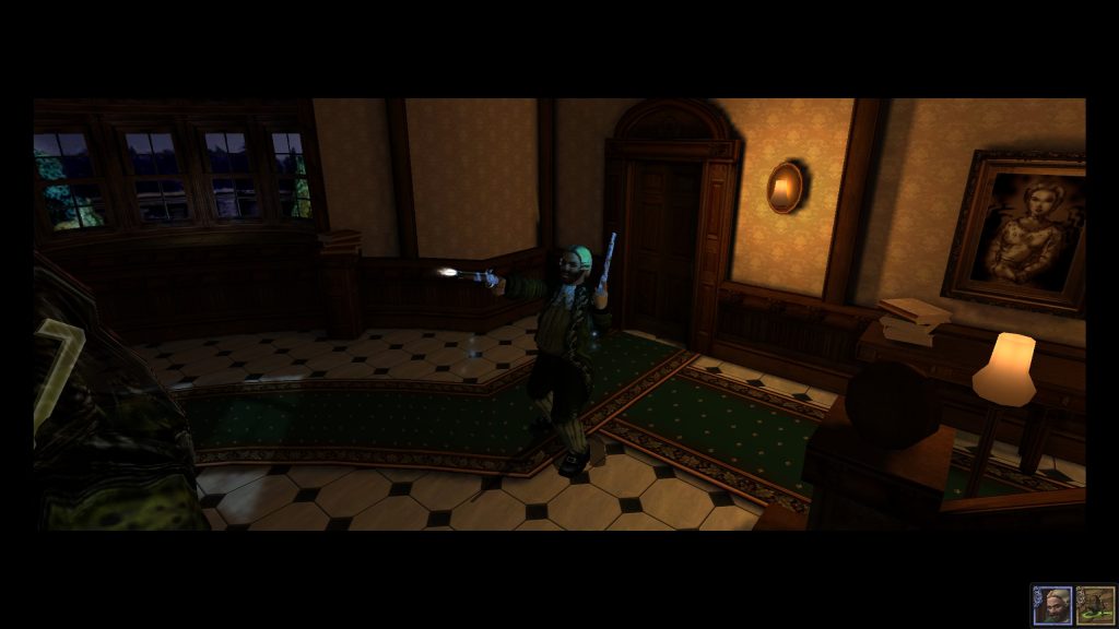 Eternal Darkness screenshot of Maximillian dual wielding flintlock pistols, and looking like a badass shooting a horror in the head with one of them.