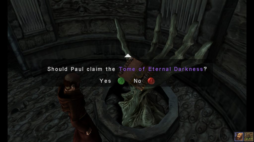 Eternal Darkness screenshot of Paul getting the Tome of Eternal Darkness from its skeletal stand.
