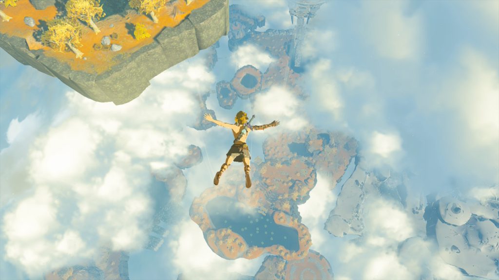 Zelda: TotK screenshot - Link free falling towards a sky island with a pond.