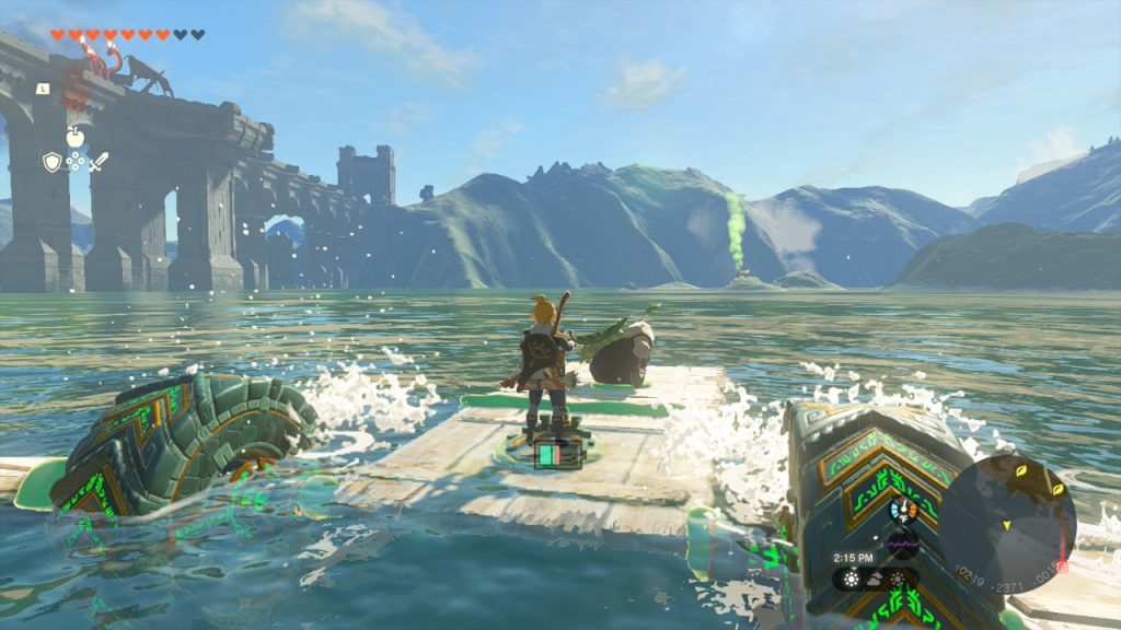 Zelda: TotK screenshot - Link driving a homemade paddleboat on a lake, while a Korok rides in the front.